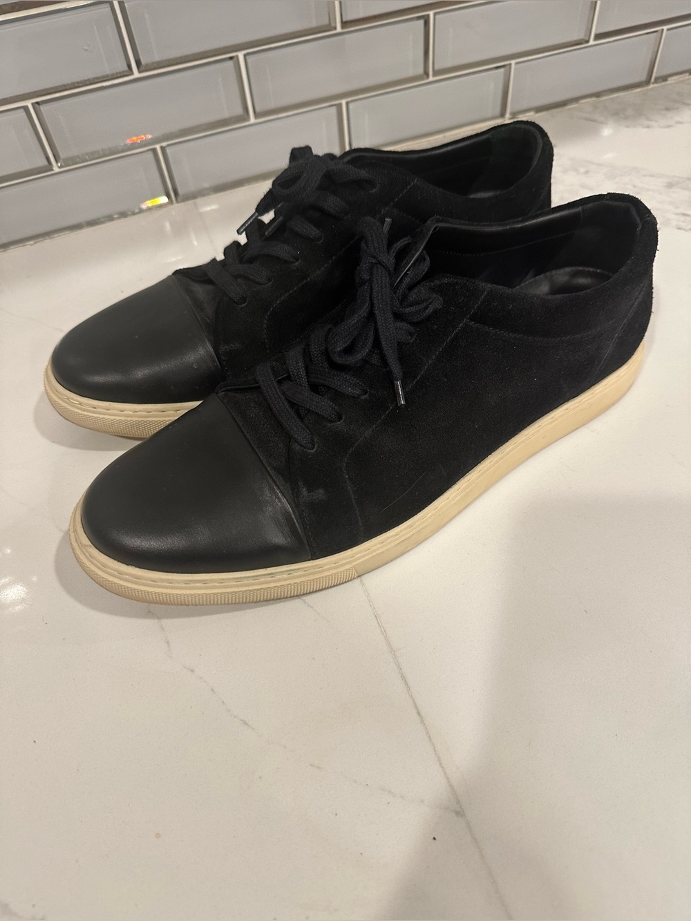 Allen Edmonds Black Suede & Leather Low-Top Sneakers with Cream Sole